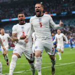 Luke Shaw's Jubilant Celebration After Scoring England's Opening Goal in the Euro 2020 Final Against Italy at Wembley Stadium