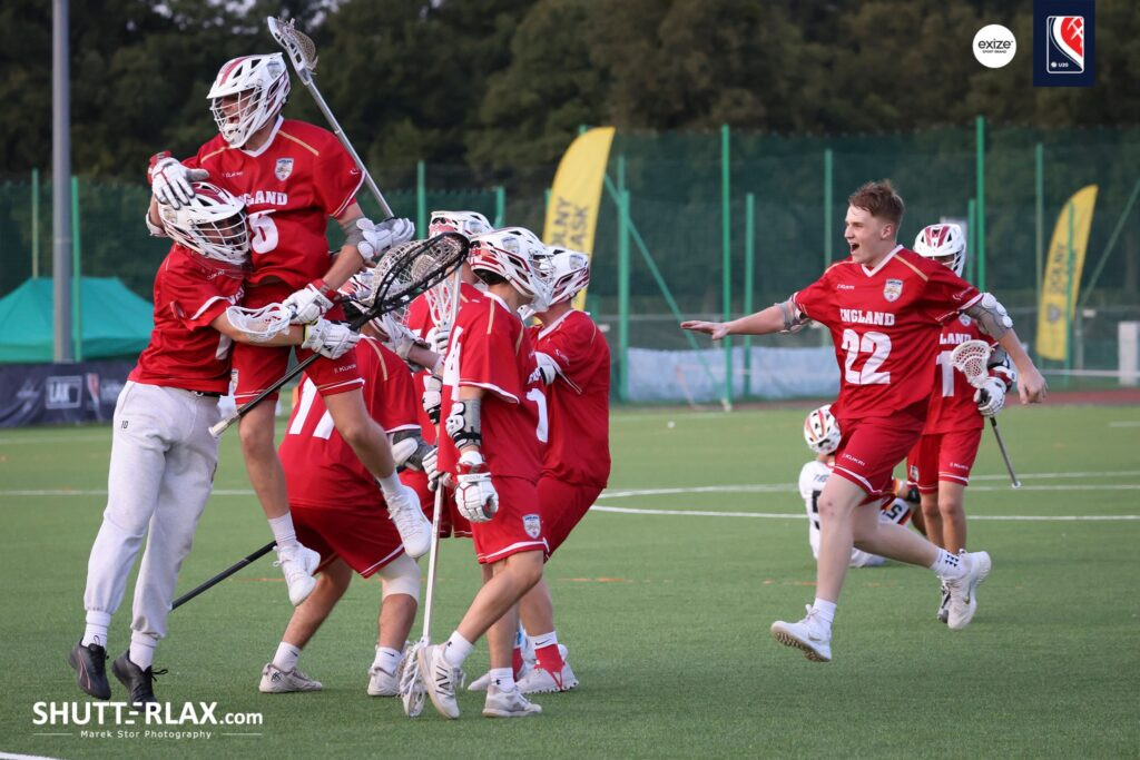 English lacrosse team in action during the Men's U20 European Championship semi-final match.