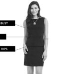 A detailed guide on how to measure your body for dress sizes, highlighting bust, waist, and hips with clear labels and lines.