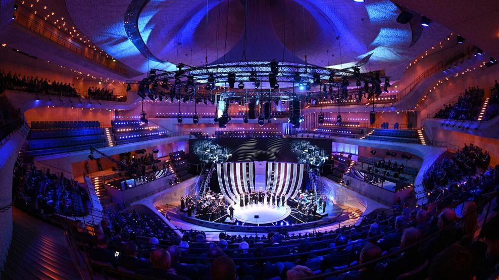 Aerial view of Elbphilharmonie concert hall in Hamburg during UEFA Euro 2024 draw ceremony