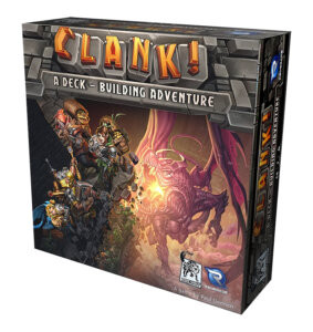 Clank! A Deck-Building Adventure board game box, an example of an American-style game with deck-building mechanics