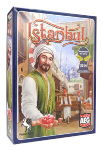 Istanbul board game box from Alderac Entertainment Group, showcasing a Euro game with worker placement and resource management