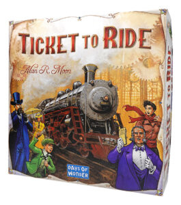 Ticket to Ride board game box, a well-known Euro game emphasizing route building and set collection