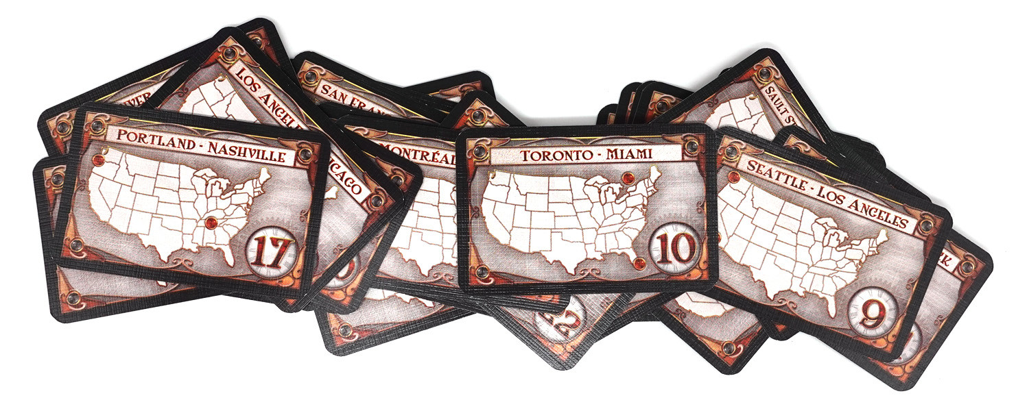 Ticket to Ride destination cards, used for scoring bonus points in this popular Euro-style game