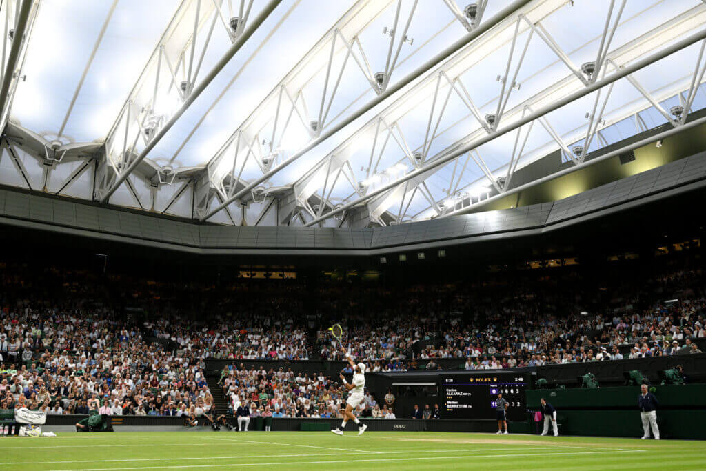 The closed retractable roof at Centre Court, Wimbledon during the 2023 Championships