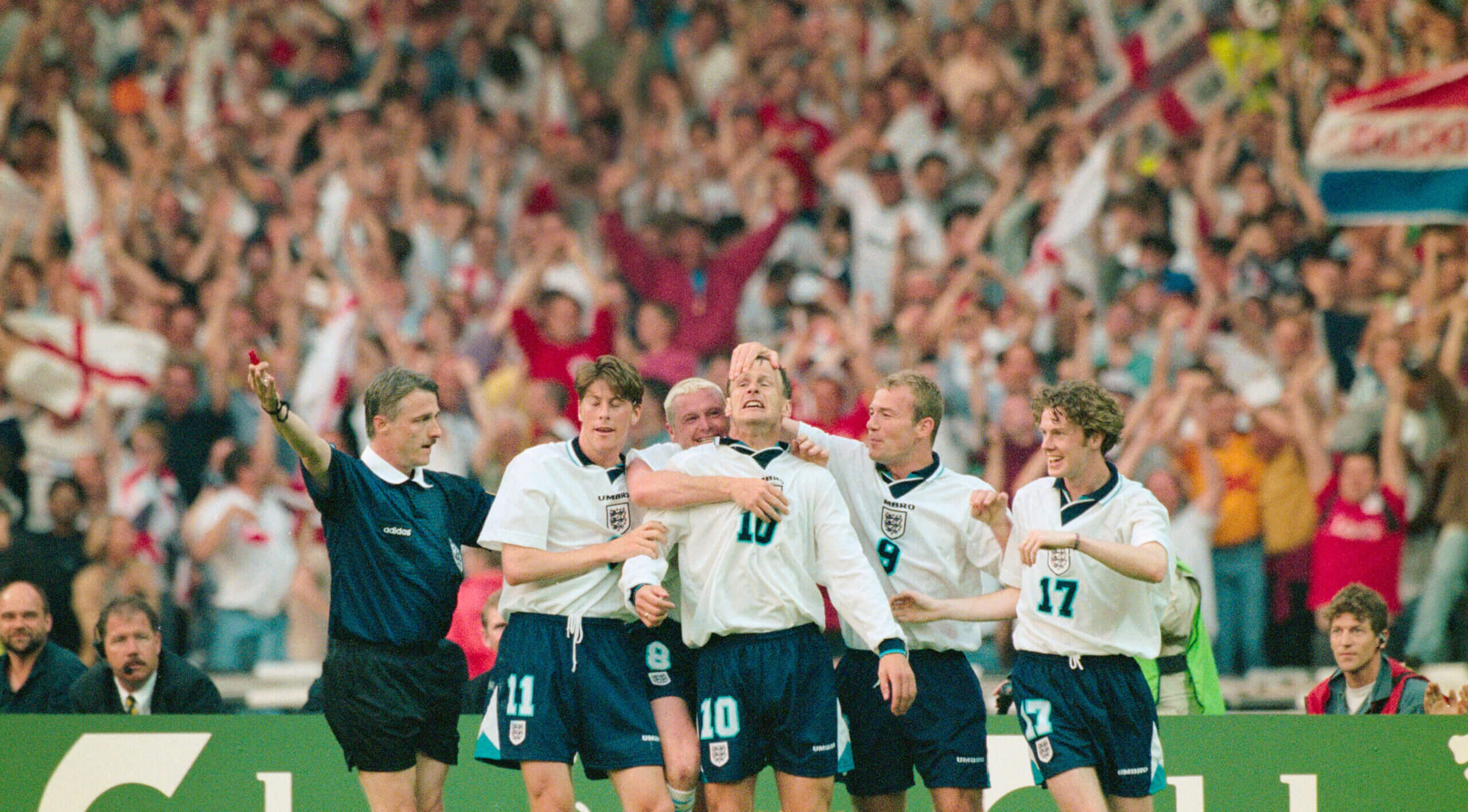 Shearer and Sheringham celebrate after Shearer's goal against the Netherlands in Euro 96