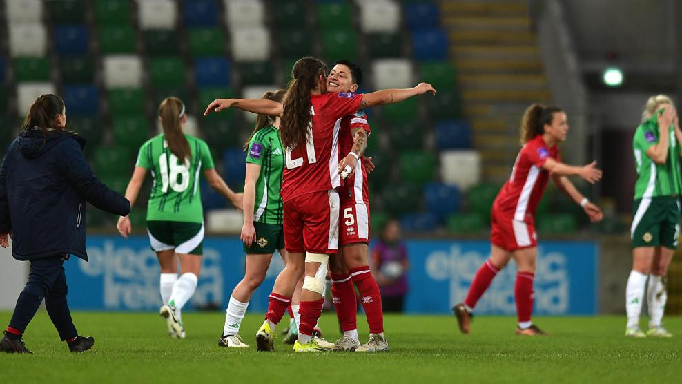 The Malta team celebrates securing a point against Northern Ireland in the UEFA Women's Euro 2025 qualifiers.