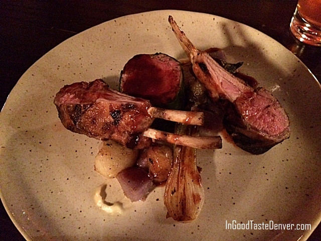 Roasted rack of lamb with sun chokes and potatoes, highlighting the refined meat dishes at Red Square Euro Bistro Denver
