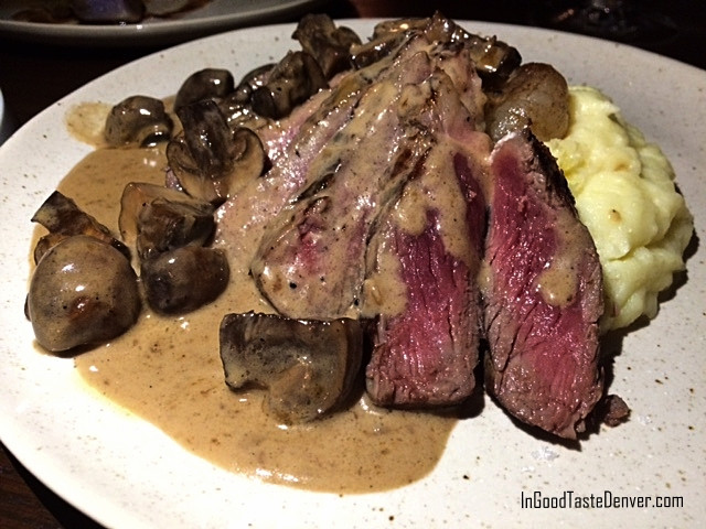 Red Square Euro Bistro Denver's Stroganoff dish featuring New York Strip steak, mushrooms, and potatoes, a hearty European classic with a bistro twist