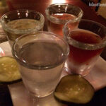 Assortment of flavored vodkas in clear bottles, including dill and horseradish infusions, showcasing Red Square Euro Bistro Denver's unique drink selection