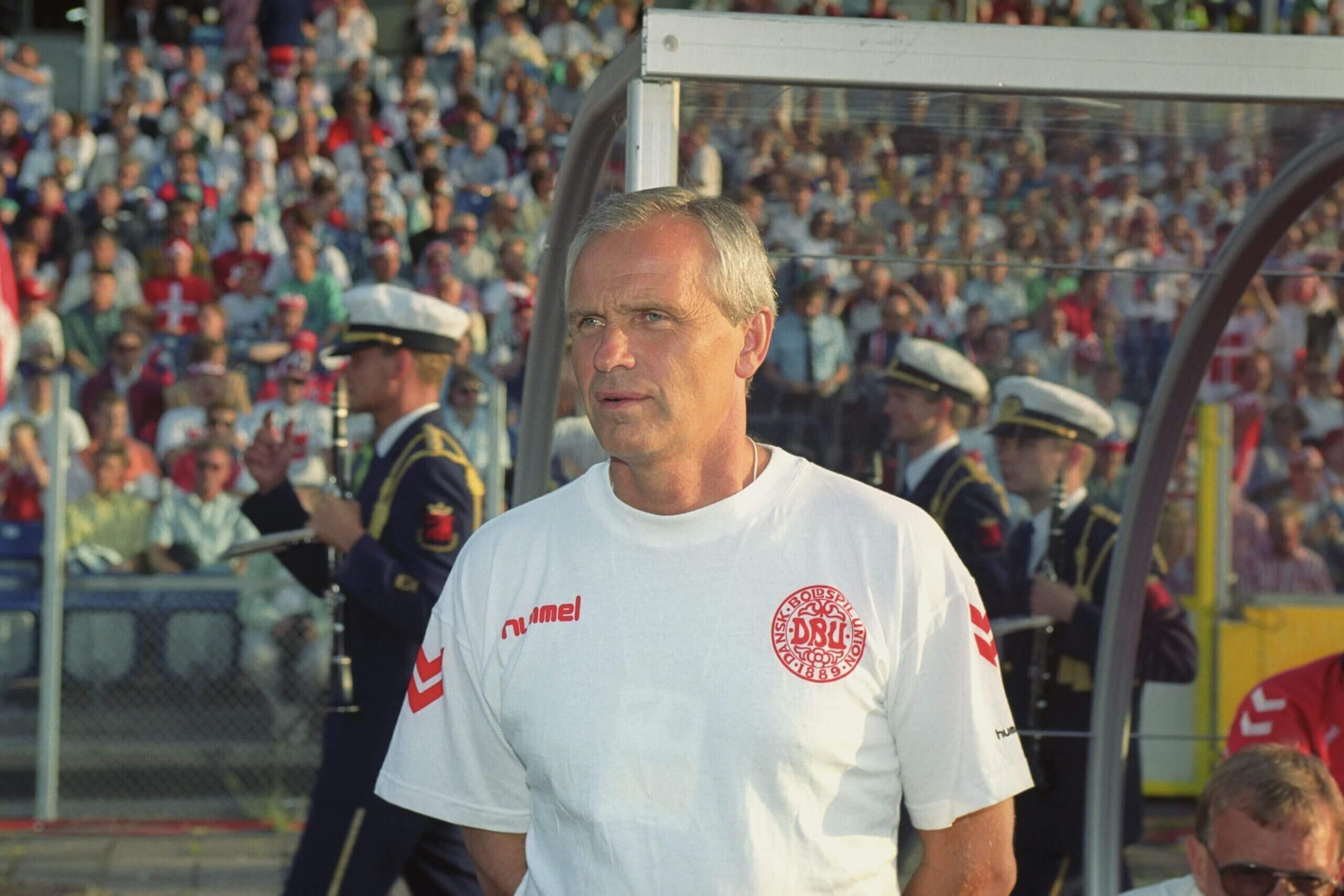 Richard Møller Nielsen on the touchline during Euro 1992, demonstrating his coaching prowess and tactical acumen.
