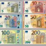 Euro banknotes of the Europa (second) series since 2013, showcasing the different denominations