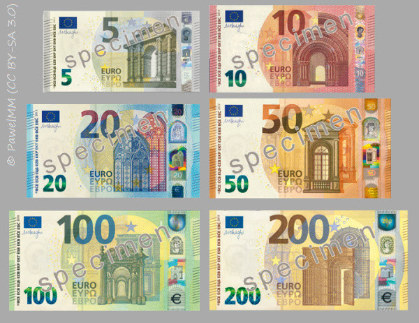 Euro banknotes of the Europa (second) series since 2013, showcasing the different denominations