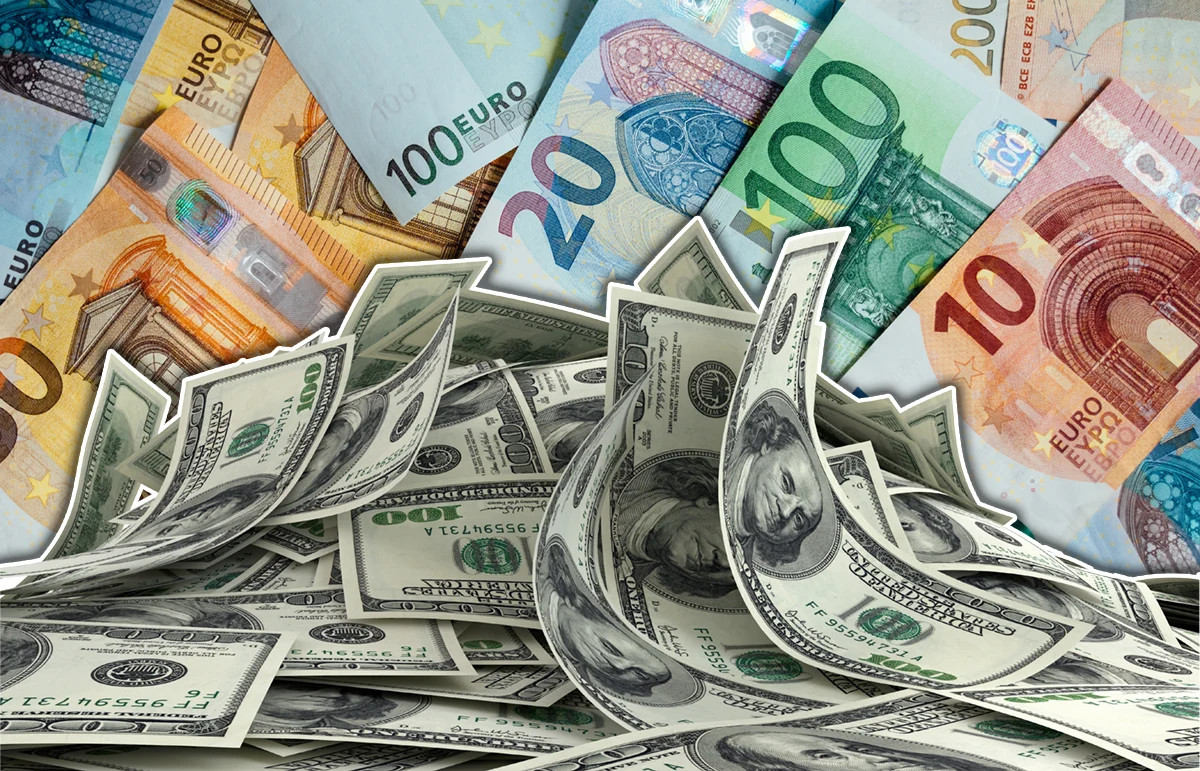 Close-up of euro banknotes with varying denominations